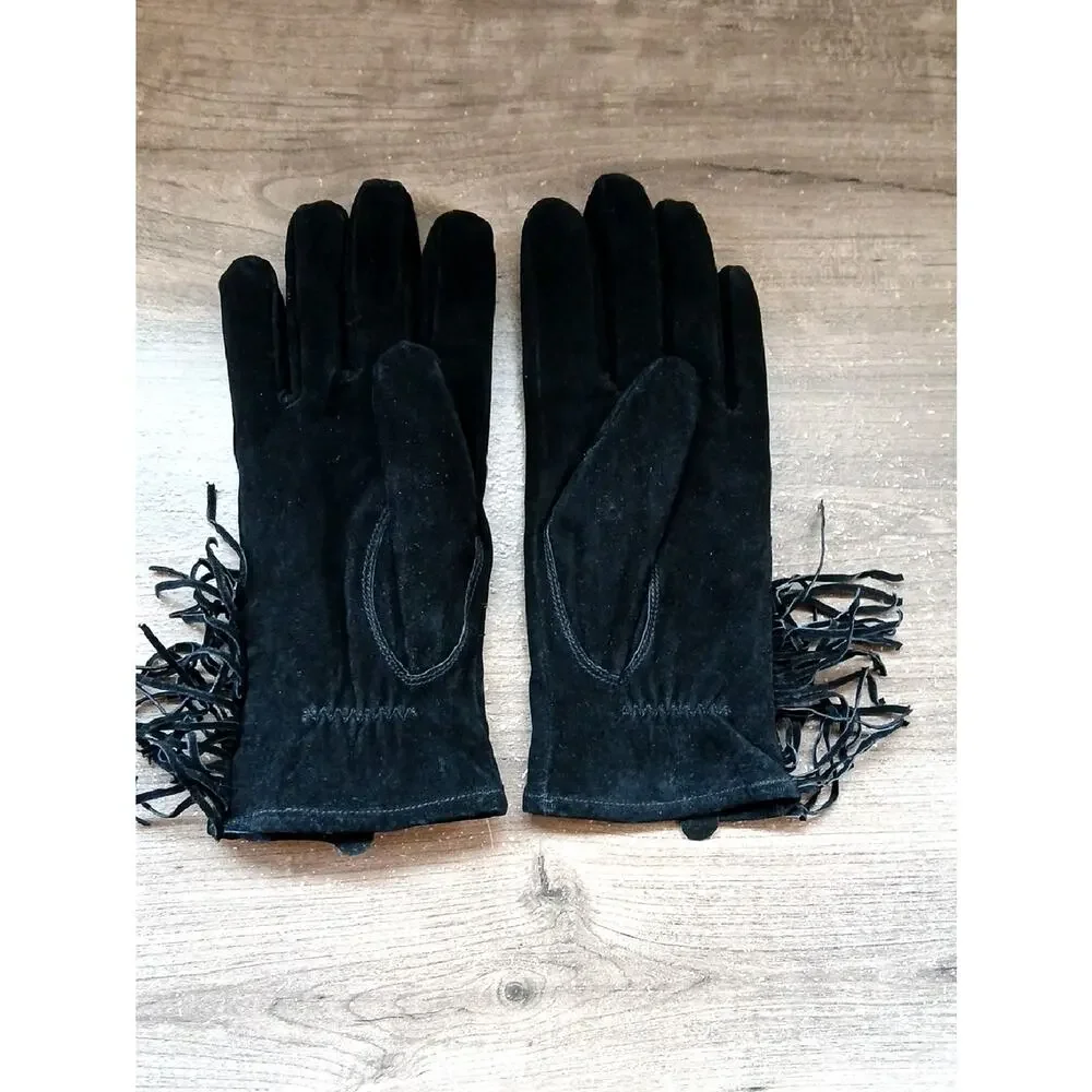 Vintage Women's Wells Lamont Black Leather Gloves With Fringe